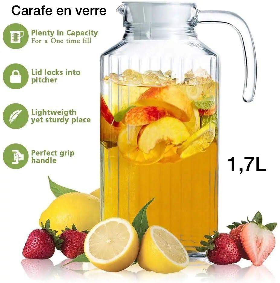 Pichet Pour Réfrigérateur Avec Couvercle Pichet En Verre Transparent De 1,7 Litre Avec Poignée Pratique Et Polyvalent Facile À Utiliser