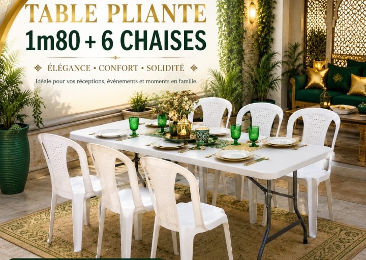 Table Pliante 1m80 + 6 Chaises en plastique