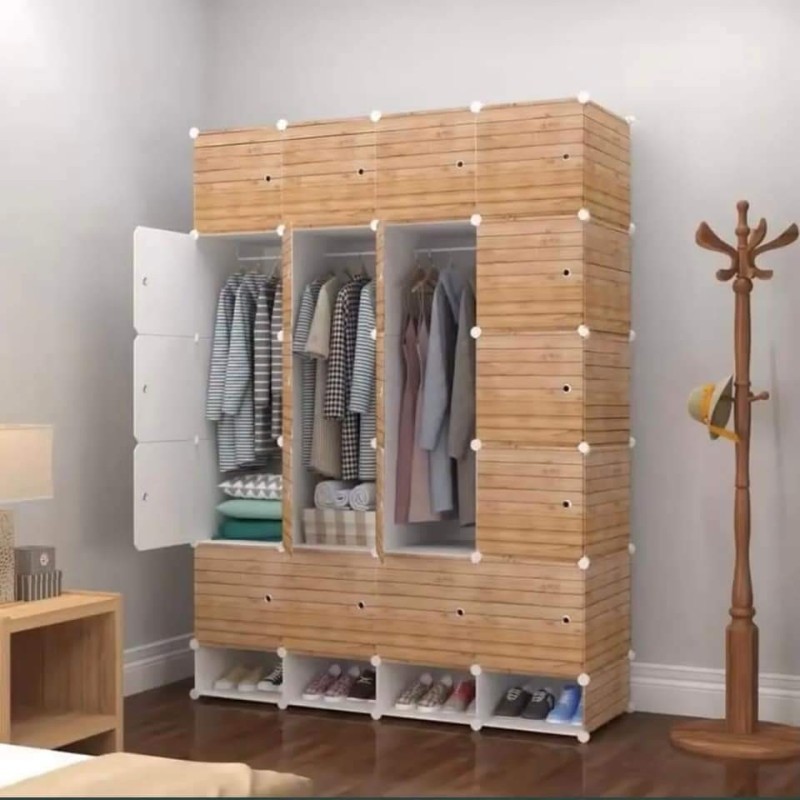 Armoire 4 Battants En Plastique Avec Range Chaussures- Marron