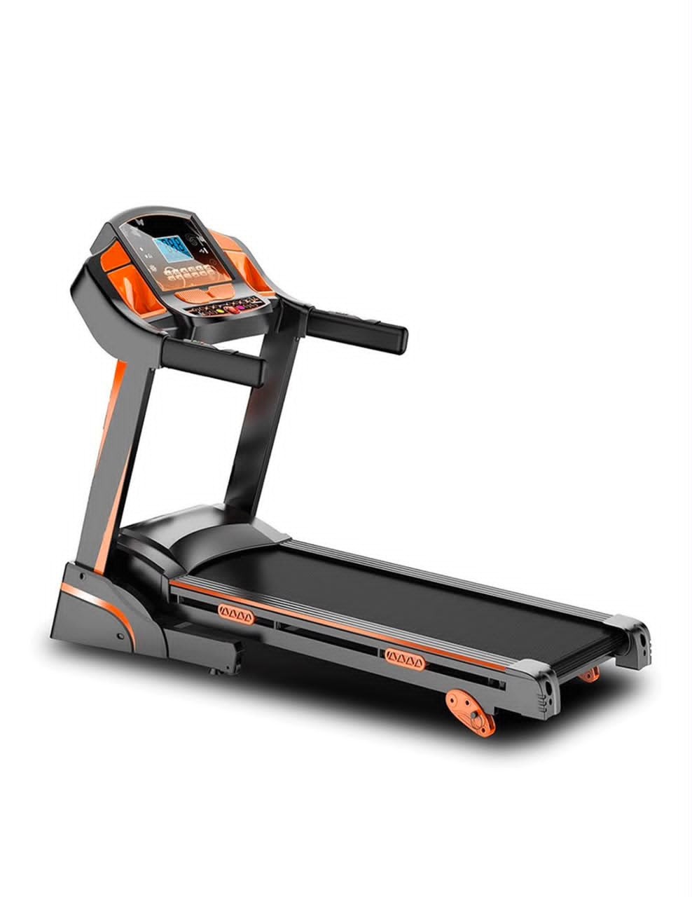 Tapis de course électrique pliable de couleur noire avec des touches orange, équipé d'un écran LCD et d'une console de contrôle