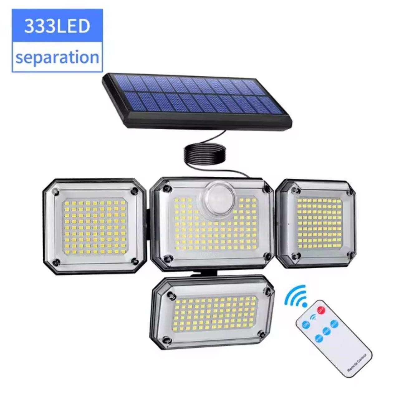 Projecteur Lampe à détecteur de mouvement Extérieure - Solaire à 4 têtes - 3000 lumens, 6500K, étanche IP65, plage d'éclairage de 270°