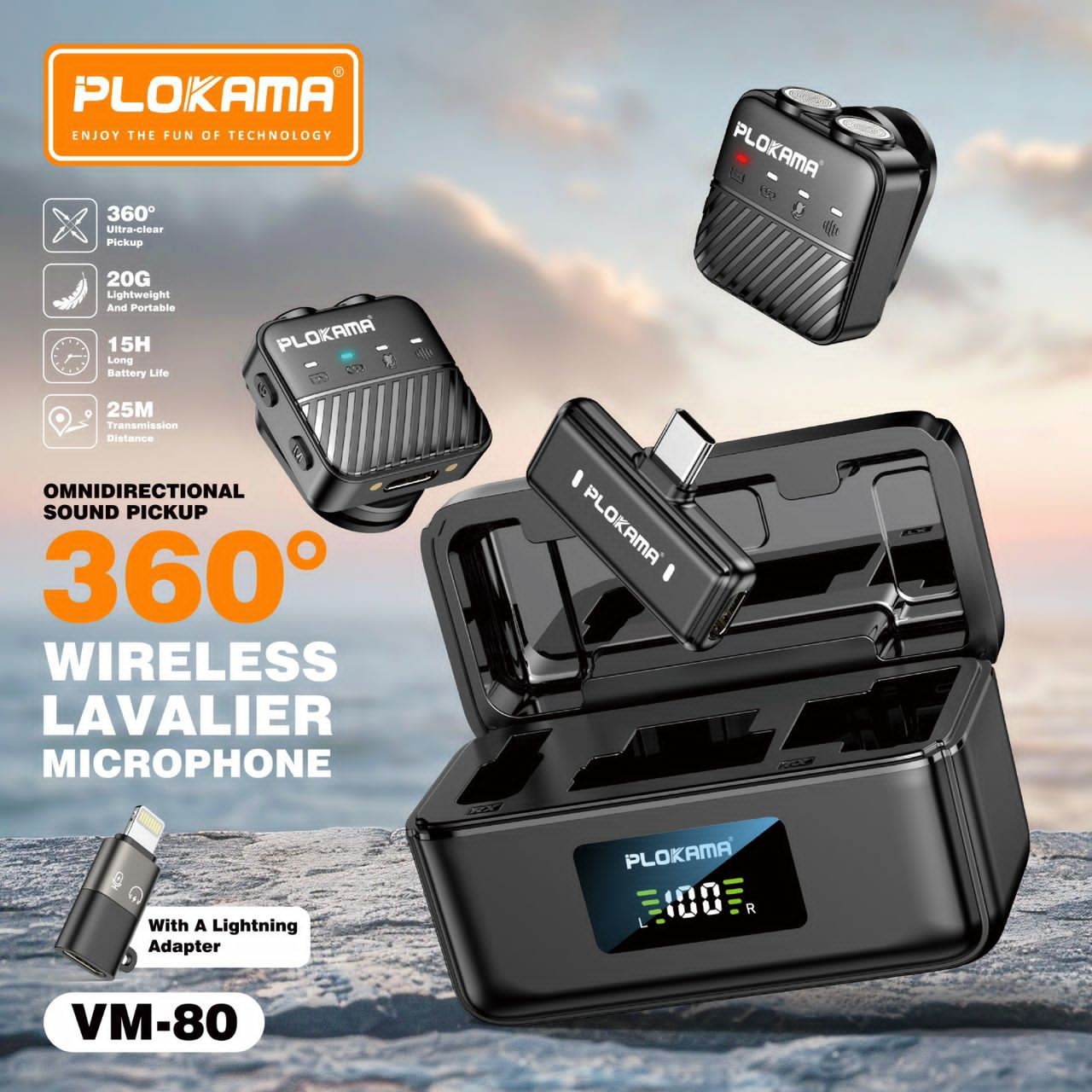 PLOKAMA Microphone Pro Sans Fil VM-80 – 2 Micros + Boîtier de Charge LED – Fixation Magnétique
