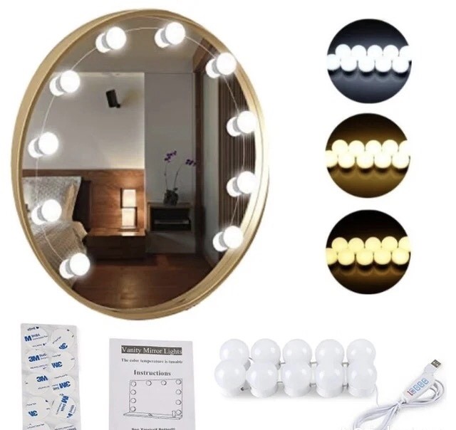 10xLampes Miroirs-Kit de Lumière LED Miroir, lampe pour miroir cosmétique  avec 10 marches luminosité & 3 Modes de couleur, 10 LED miroir lampe de  maquillage USB Lampe de style Hollywood (Miroir Non Inclus)