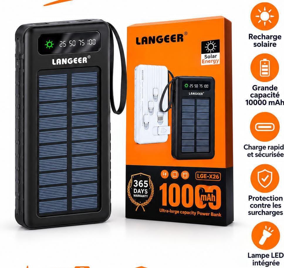 Power Bank Solaire 10000mAh avec Câbles Intégrés – Batterie Externe Portable
