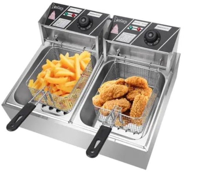 Friteuse électrique 12 L en acier inoxydable, double friteuse à zones froides, 5000 W, avec panier de friture pour restauration rapide et snacks.