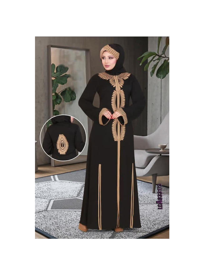 Robe Hijab Abaya Beige-Noir pour Femme