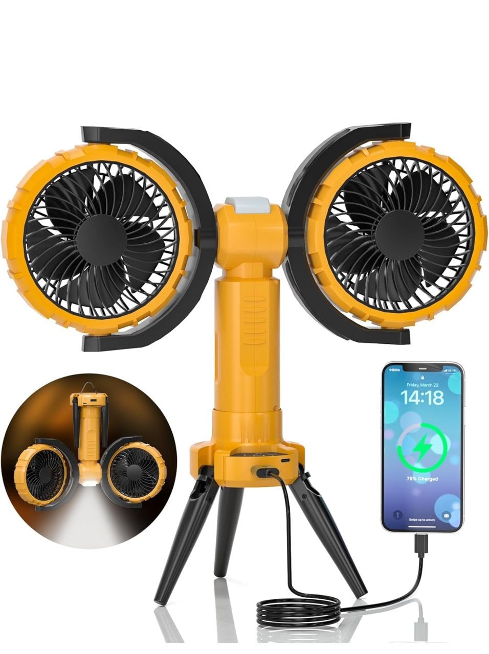 Ventilateur oscillant de camping en plein air, sans fil, batterie rechargeable, ventilateur de tente avec crochet de lanterne LED, 4 vitesses puissantes, oscillation a 270 degres double tête