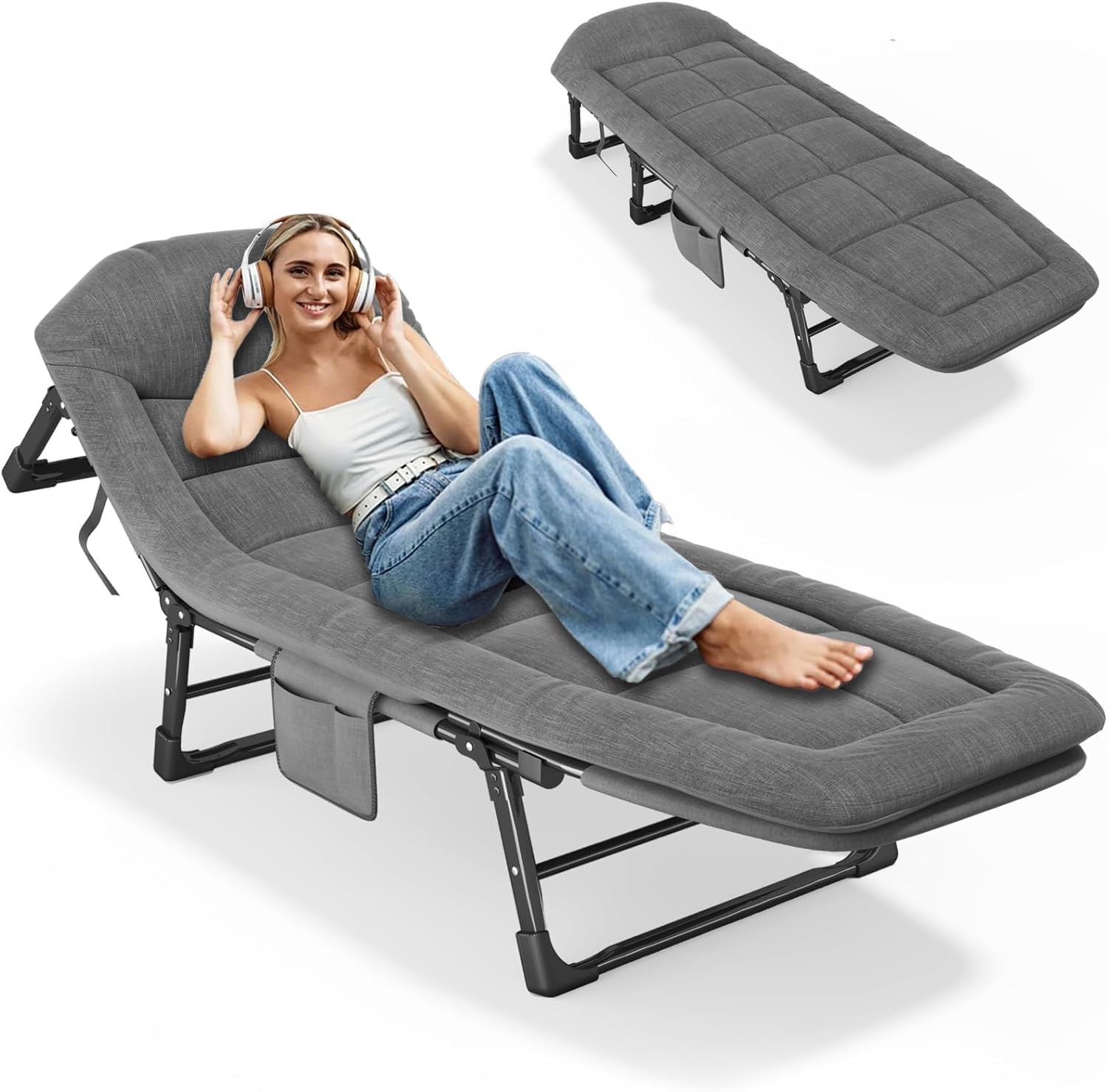 Lit de camping pliable 3Clock pour adultes, chaise longue pliante à 5 positions pour voyage en intérieur et en extérieur, très résistant, supporte 550 lb, parfait pour le camping, la piscine, la plage