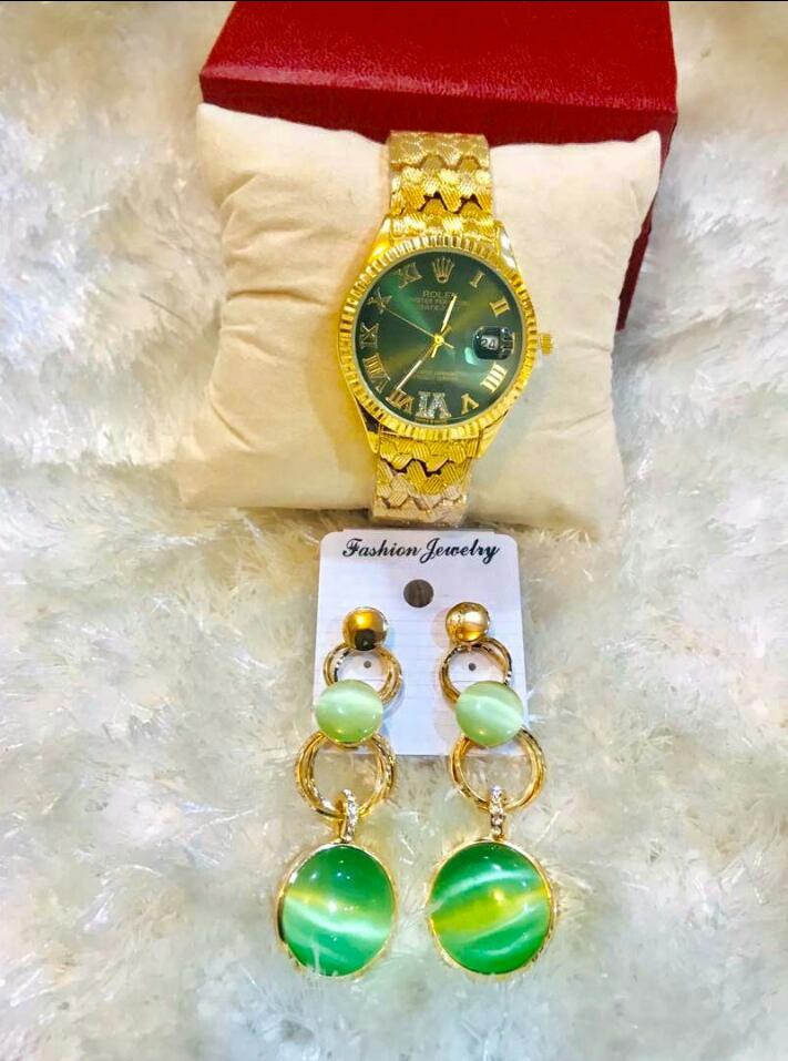 Ensemble Montre et Boucles d’oreilles Vert-Doré pour Femme